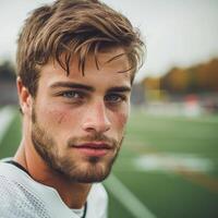 ai generado hermoso fútbol americano jugador posando mirando a el cámara mientras en pie en el fútbol americano campo foto