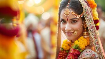 AI generated Indian wedding. Young beautiful bride and groom in national Indian costumes photo