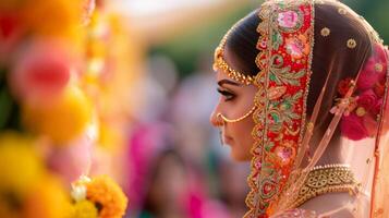 AI generated Indian wedding. Young beautiful bride and groom in national Indian costumes photo