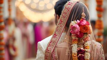 AI generated Indian wedding. Young beautiful bride and groom in national Indian costumes photo