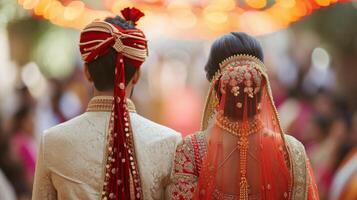 AI generated Indian wedding. Young beautiful bride and groom in national Indian costumes photo