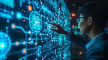 AI generated A businessman collaborates with AI algorithms, fostering innovation in a high-tech environment to stay ahead photo