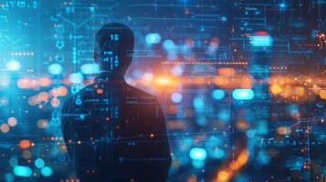 AI generated A businessman collaborates with AI algorithms, fostering innovation in a high-tech environment to stay ahead photo