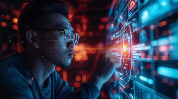 AI generated A businessman collaborates with AI algorithms, fostering innovation in a high-tech environment to stay ahead photo