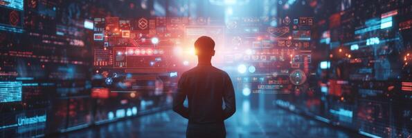 AI generated A businessman collaborates with AI algorithms, fostering innovation in a high-tech environment to stay ahead photo