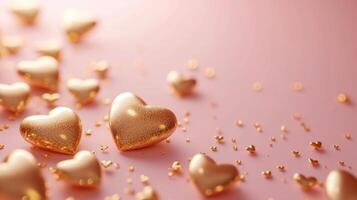 AI generated Many small gold 3D hearts on a soft pink background photo
