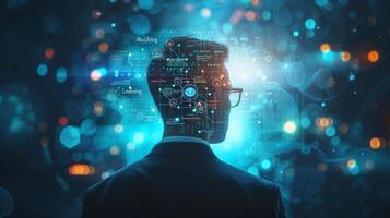 AI generated A businessman collaborates with AI algorithms, fostering innovation in a high-tech environment to stay ahead photo