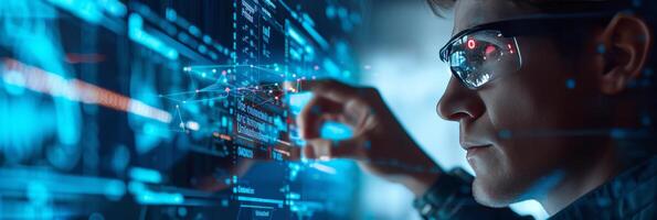 AI generated A businessman collaborates with AI algorithms, fostering innovation in a high-tech environment to stay ahead photo