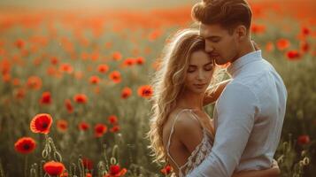 AI generated Man holds tender beautiful woman standing with her on the green field with red poppies photo