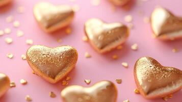 AI generated Many small gold 3D hearts on a soft pink background photo