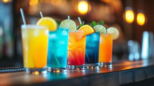 AI generated Multi-colored alcoholic cocktails stand in a row on the bar counter photo