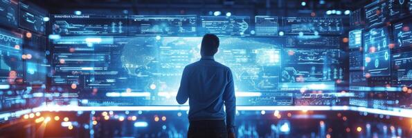 AI generated A businessman collaborates with AI algorithms, fostering innovation in a high-tech environment to stay ahead photo