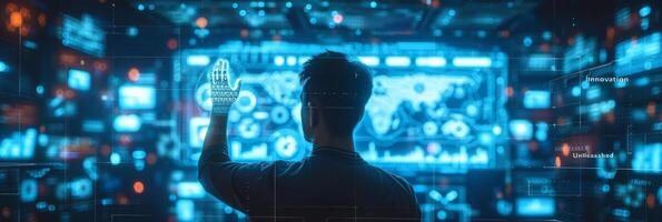AI generated A businessman collaborates with AI algorithms, fostering innovation in a high-tech environment to stay ahead photo