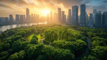 AI generated Photography concept of green spaces and green economy in a large metropolis photo