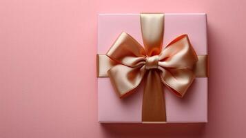 AI generated Pink gift box with gold silk bow on isolated pink background photo