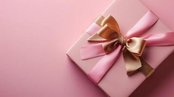 AI generated Pink gift box with gold silk bow on isolated pink background photo