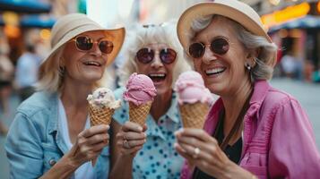 AI generated Three mature women eating ice cream cone, walking on the street photo