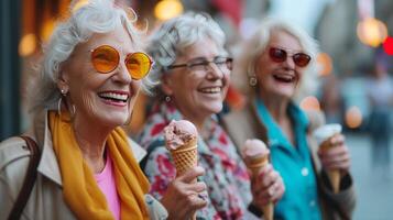 AI generated Three mature women eating ice cream cone, walking on the street photo