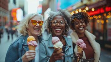 AI generated Three mature women eating ice cream cone, walking on the street photo