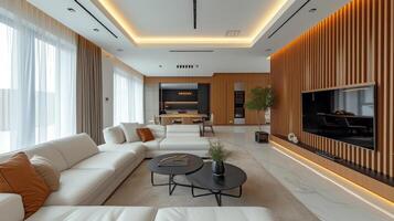 AI generated Striped gypsum panels in a modern interior photo