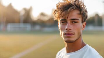 ai generado joven hermoso fútbol americano jugador posando mirando a el cámara mientras en pie en el fútbol americano campo foto