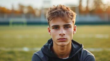 ai generado joven hermoso fútbol americano jugador posando mirando a el cámara mientras en pie en el fútbol americano campo foto