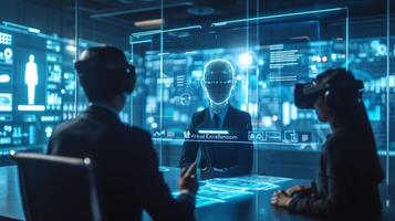 AI generated Business leaders conduct a high-stakes virtual meeting using holographic projections and AI-supported communication photo