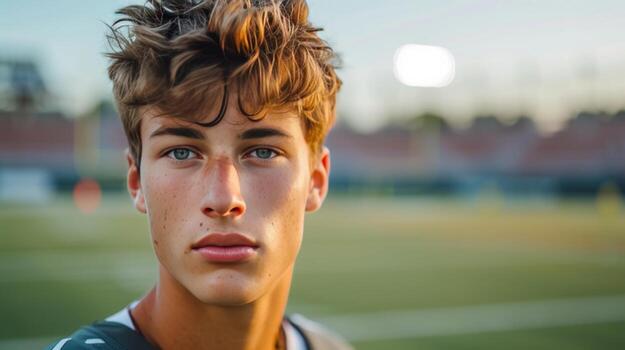 AI generated Young handsome football player posing looking at the camera while standing on the football field photo