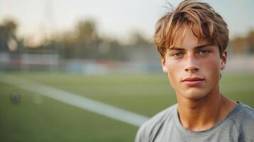 AI generated Young handsome football player posing looking at the camera while standing on the football field photo