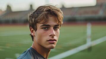 ai generado joven hermoso fútbol americano jugador posando mirando a el cámara mientras en pie en el fútbol americano campo foto