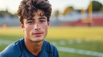 AI generated Young handsome football player posing looking at the camera while standing on the football field photo