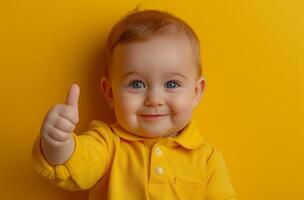 AI generated a 2 years old child with a thumbs up sign on a yellow background photo