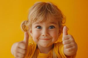 AI generated a 2 years old child with a thumbs up sign on a yellow background photo