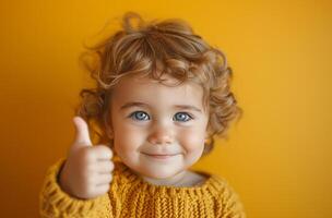 AI generated a 2 years old child with a thumbs up sign on a yellow background photo