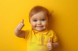 AI generated a 2 years old child with a thumbs up sign on a yellow background photo