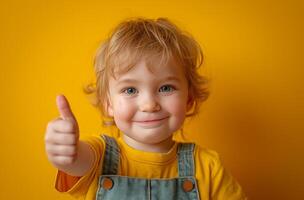 AI generated a 2 years old child with a thumbs up sign on a yellow background photo