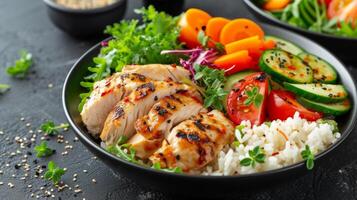 AI generated A balanced meal featuring lean proteins, whole grains, and nutrient-dense vegetables photo