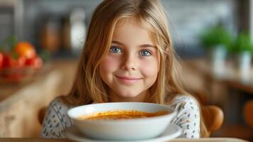 ai generado un hermosa niña 12 años antiguo con rubio pelo come sopa mientras sentado en un ligero cocina y mira a el cámara foto