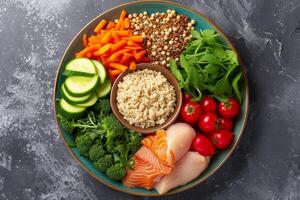 AI generated A balanced meal featuring lean proteins, whole grains, and nutrient-dense vegetables photo