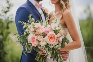 AI generated A Beautiful Wedding Couple Holding a Bouquet of Soft Pink and White Flowers photo