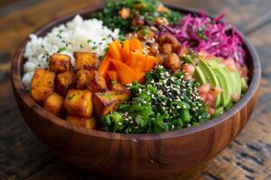 AI generated A beautifully crafted bowl filled with a rainbow of vegetables, grains, and proteins photo