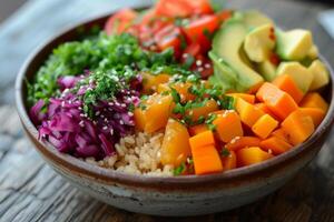 AI generated A beautifully crafted bowl filled with a rainbow of vegetables, grains, and proteins photo