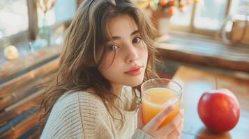 AI generated A charming young lady is seated at a wooden table, holding a glass of juice and an apple photo