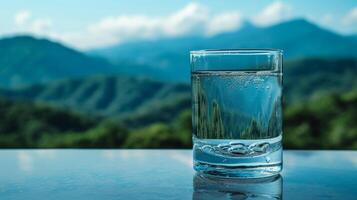 ai generado un claro vaso de agua en contra un montañoso fondo foto