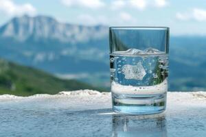 ai generado un claro vaso de agua en contra un montañoso fondo foto