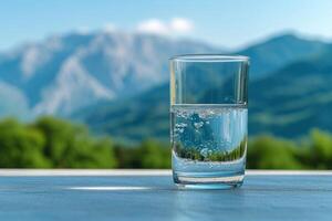 ai generado un claro vaso de agua en contra un montañoso fondo foto