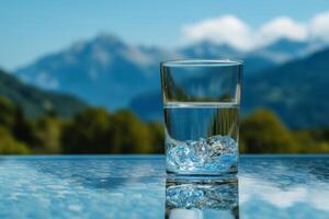 ai generado un claro vaso de agua en contra un montañoso fondo foto