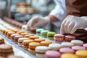 AI generated A close-up of a pastry chef creating a symphony of colorful macarons photo