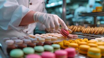 AI generated A close-up of a pastry chef creating a symphony of colorful macarons photo