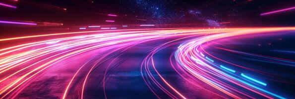 AI generated A dynamic, dark backdrop illuminated by vibrant neon streaks photo